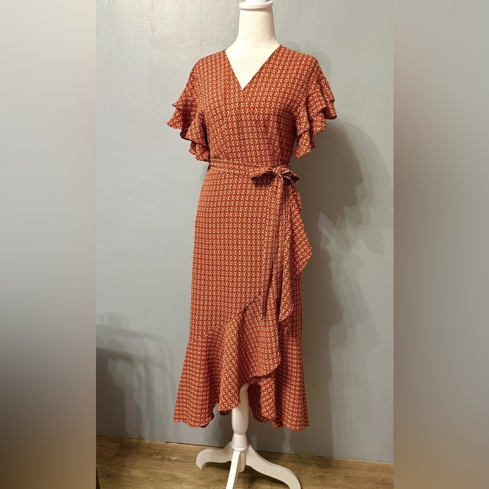 Max Studio Rust Patterned Wrap Midi Dress